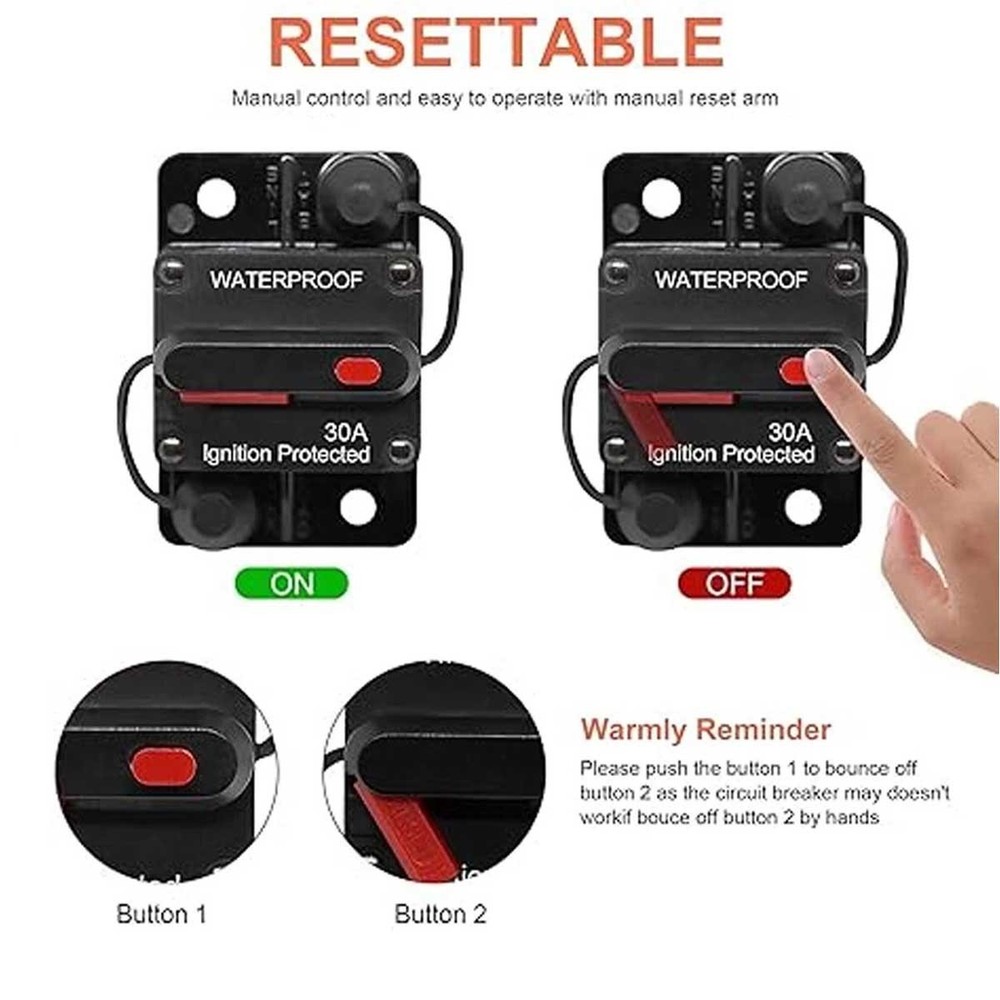 Two 30 amp circuit breakers for easy installation on trolling trailer vehicles