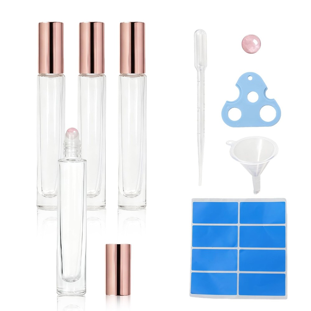 4 Pack 10Ml Essential Oil Roller Bottles with Rose Quartz Roller Ball – Refillab