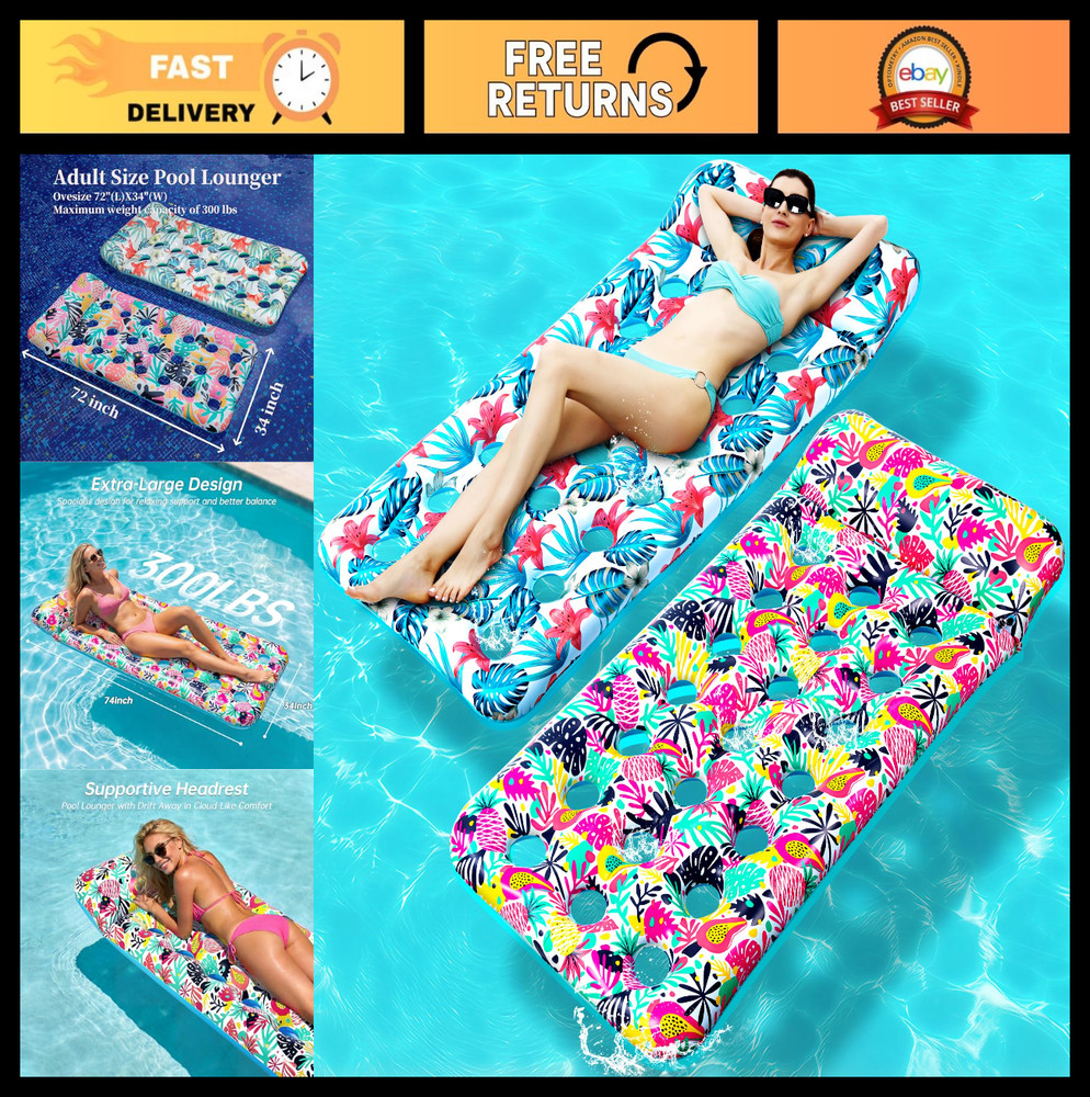 Oversized Inflatable Pool Floats for Adults - 2 Pack Rafts with Headrest, Perfec
