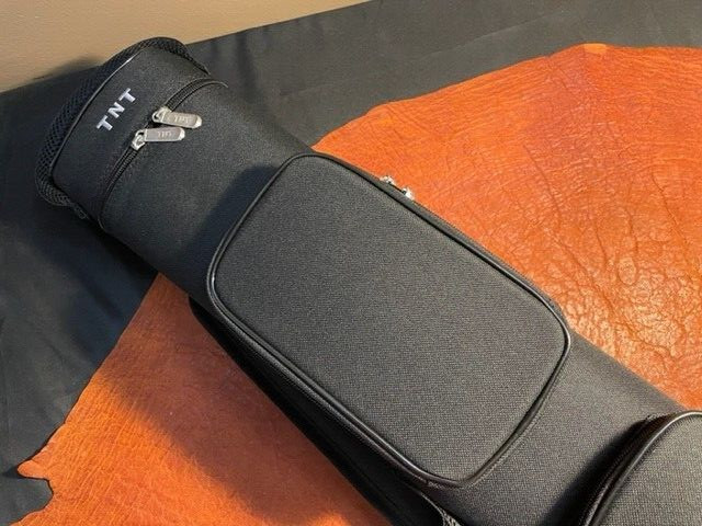 TNT 3x5 Black Nylon Pool Cue Case. Blue interior. Back Pack Straps.