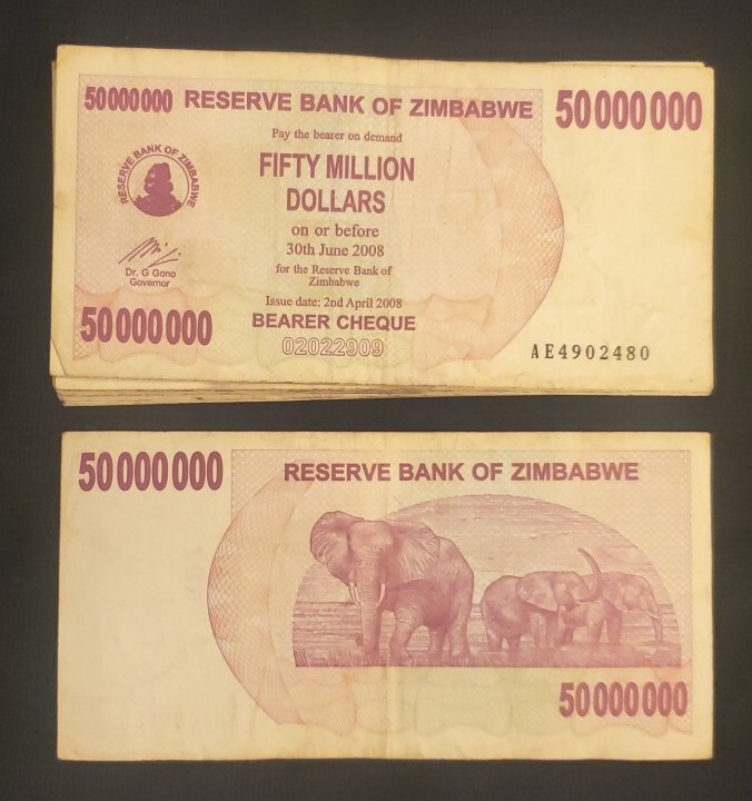 Zimbabwe 50 Million Dollar Cheques  X 25 -1/4 bundle-2008 circulated It.# E-44