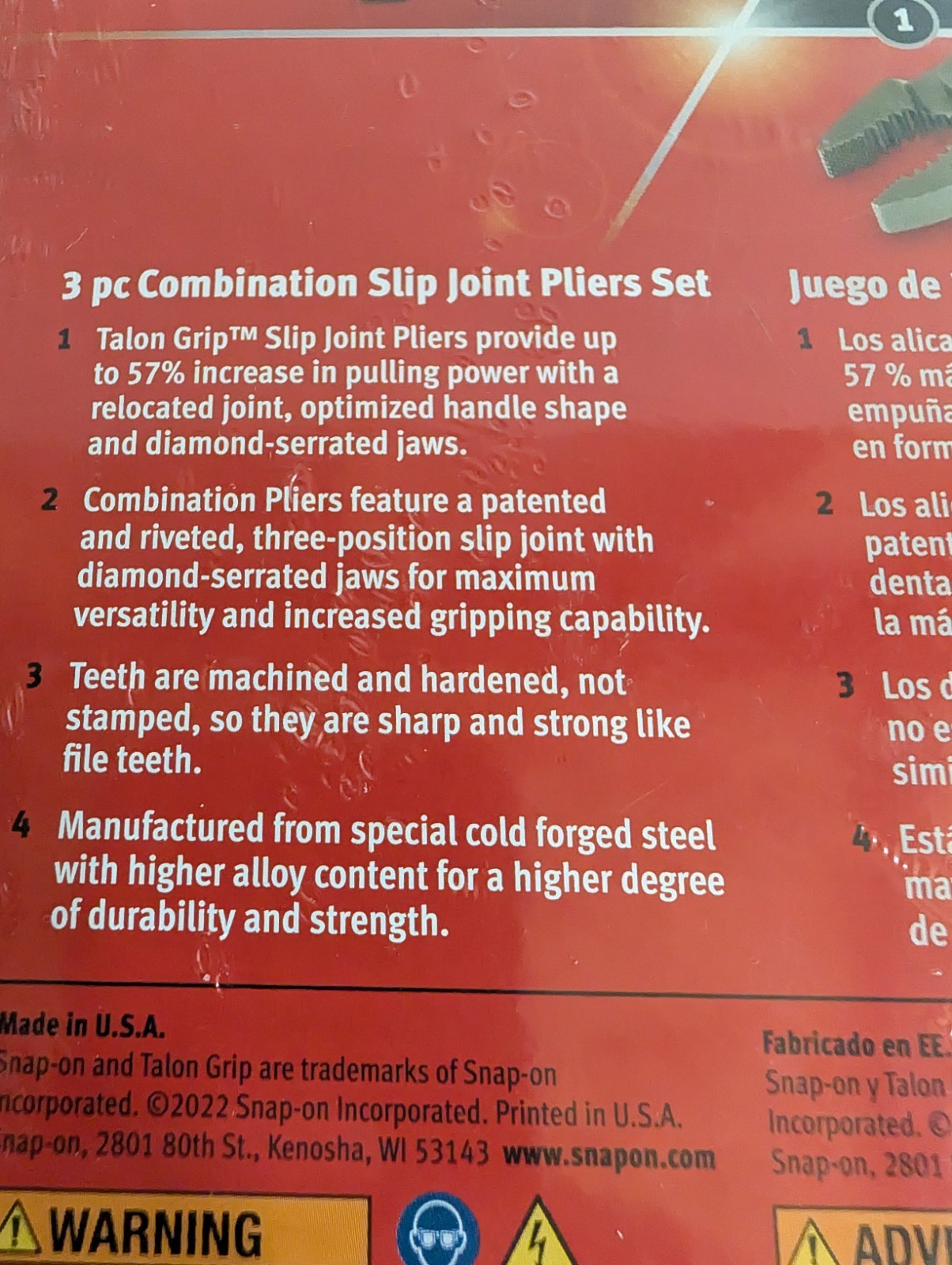 Snap on Tools New PL403A 3 Piece RED Combination Slip Joint Pliers Set USA