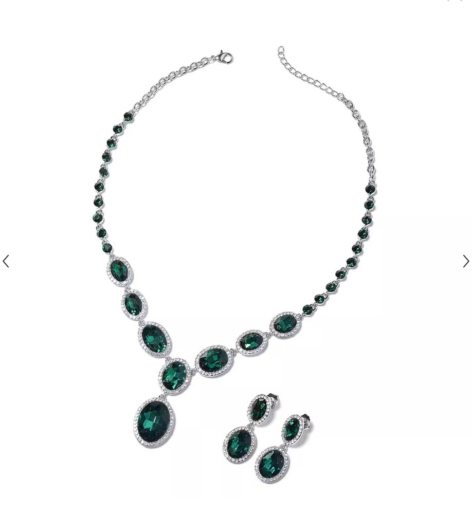 Simulated Emerald & Crystal Statement Necklace & Drop Earrings set BN
