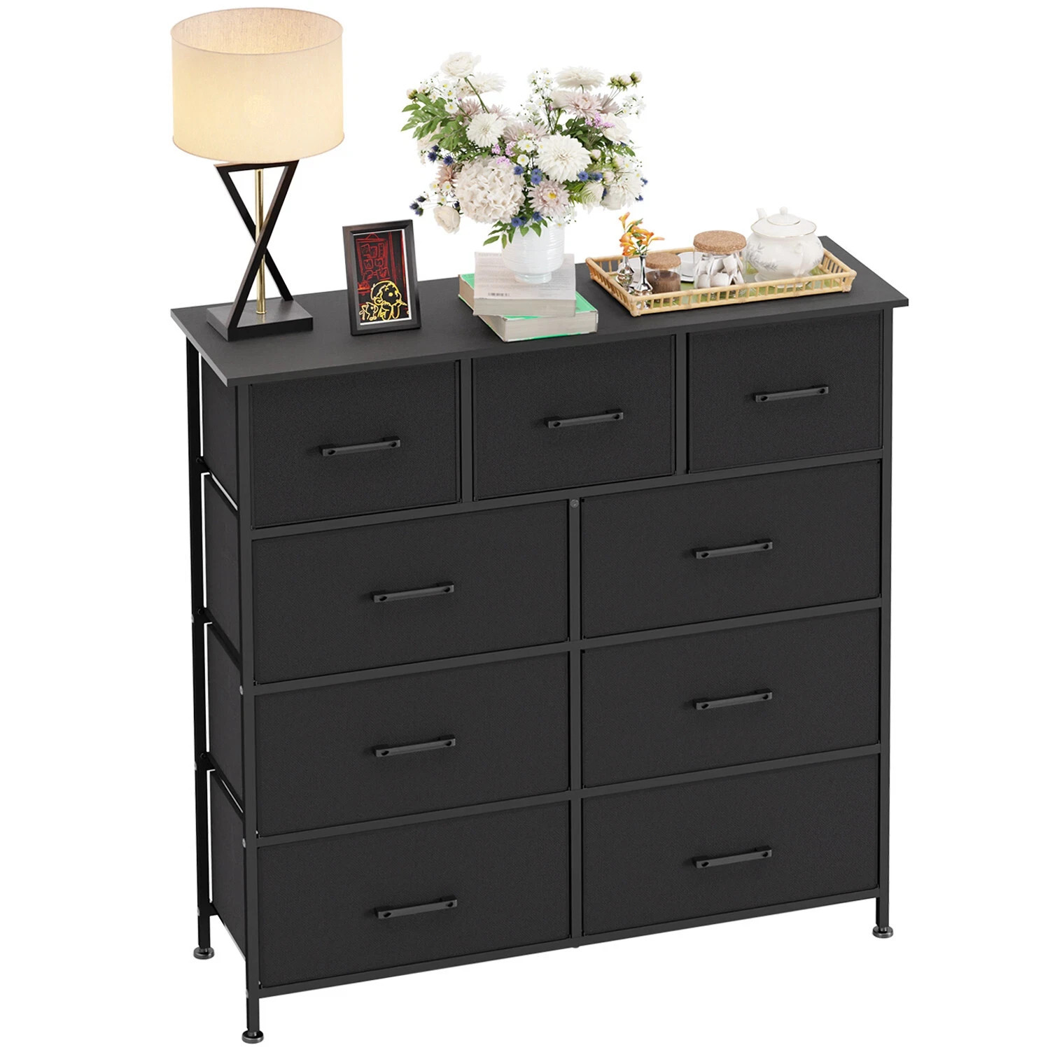 9-Drawer Fabric Dresser, Wide Chest of Drawers Storage Unit with Metal Frame