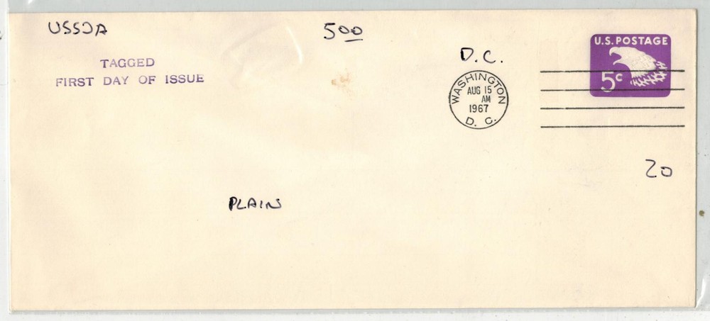 1967 LUMINESCENT TAGGED EAGLE ENVELOPE U550A PLAIN #10 2 LINE CACHET