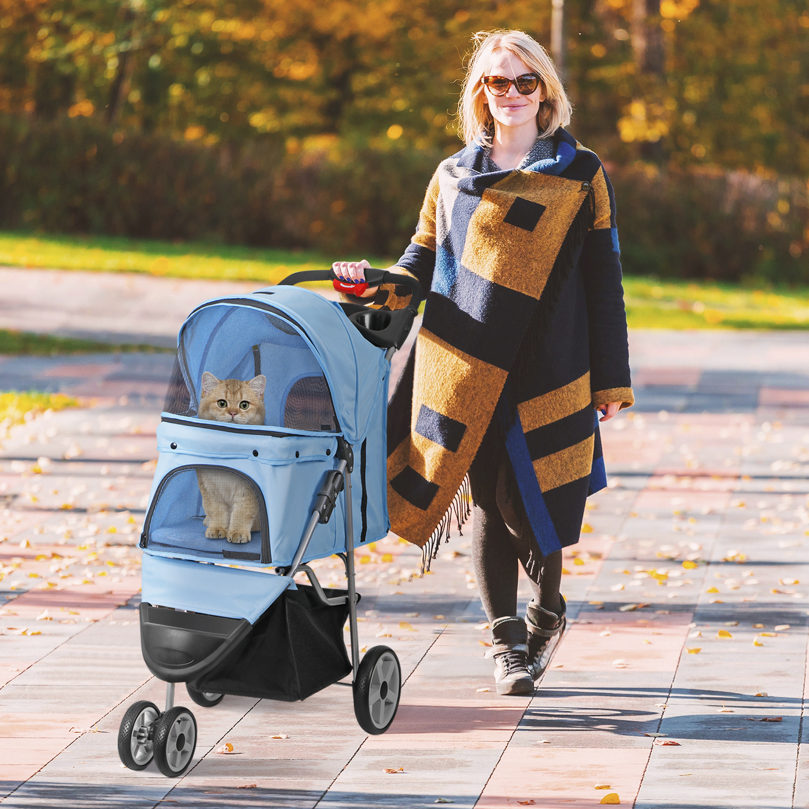 3 Wheels Pet Dog Cat Stroller for Small Medium Dogs Cats with Cup Holder Blue