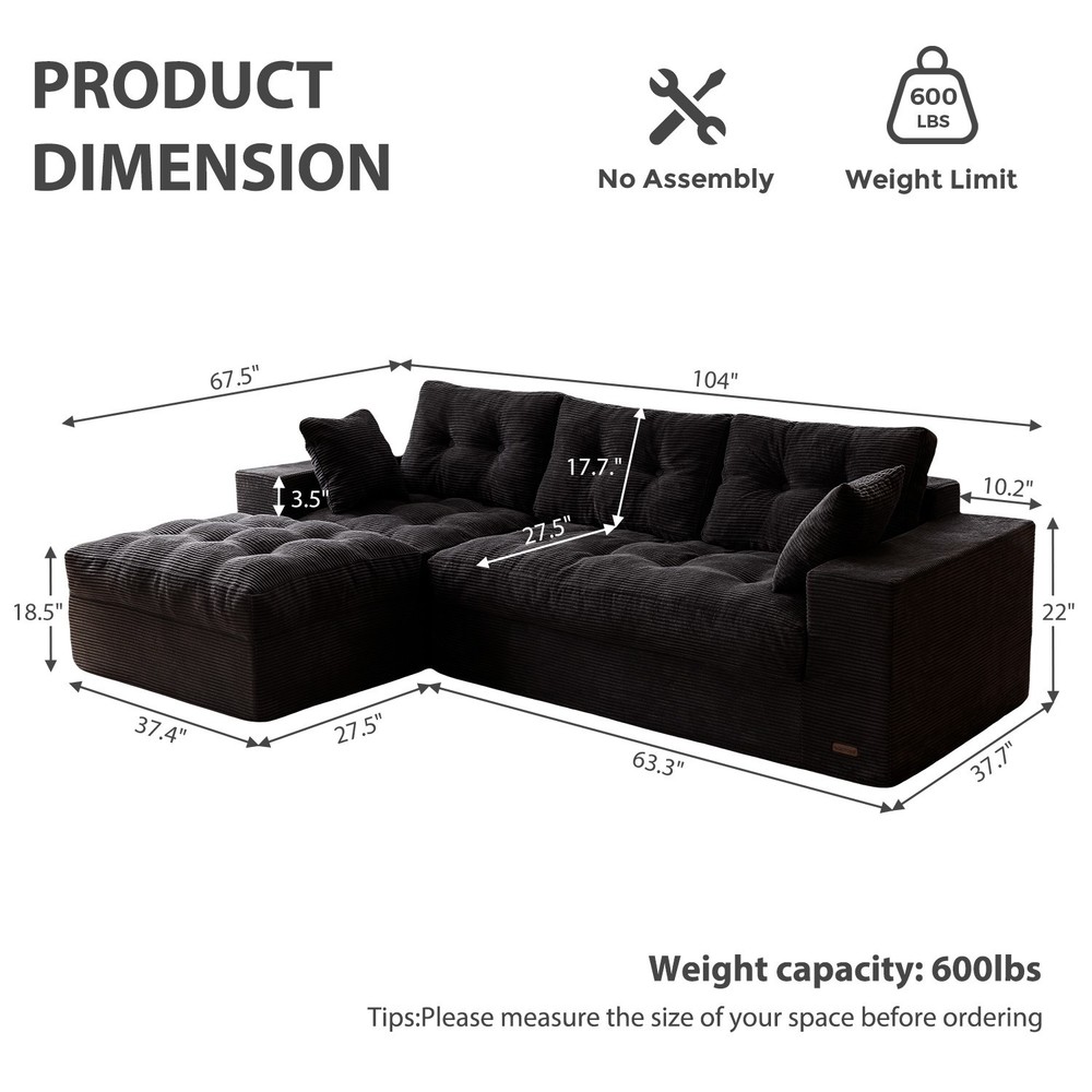 MAXYOYO 104"Modular Sectional Cloud Couch with Ottoman,Oversized Boneless Couch