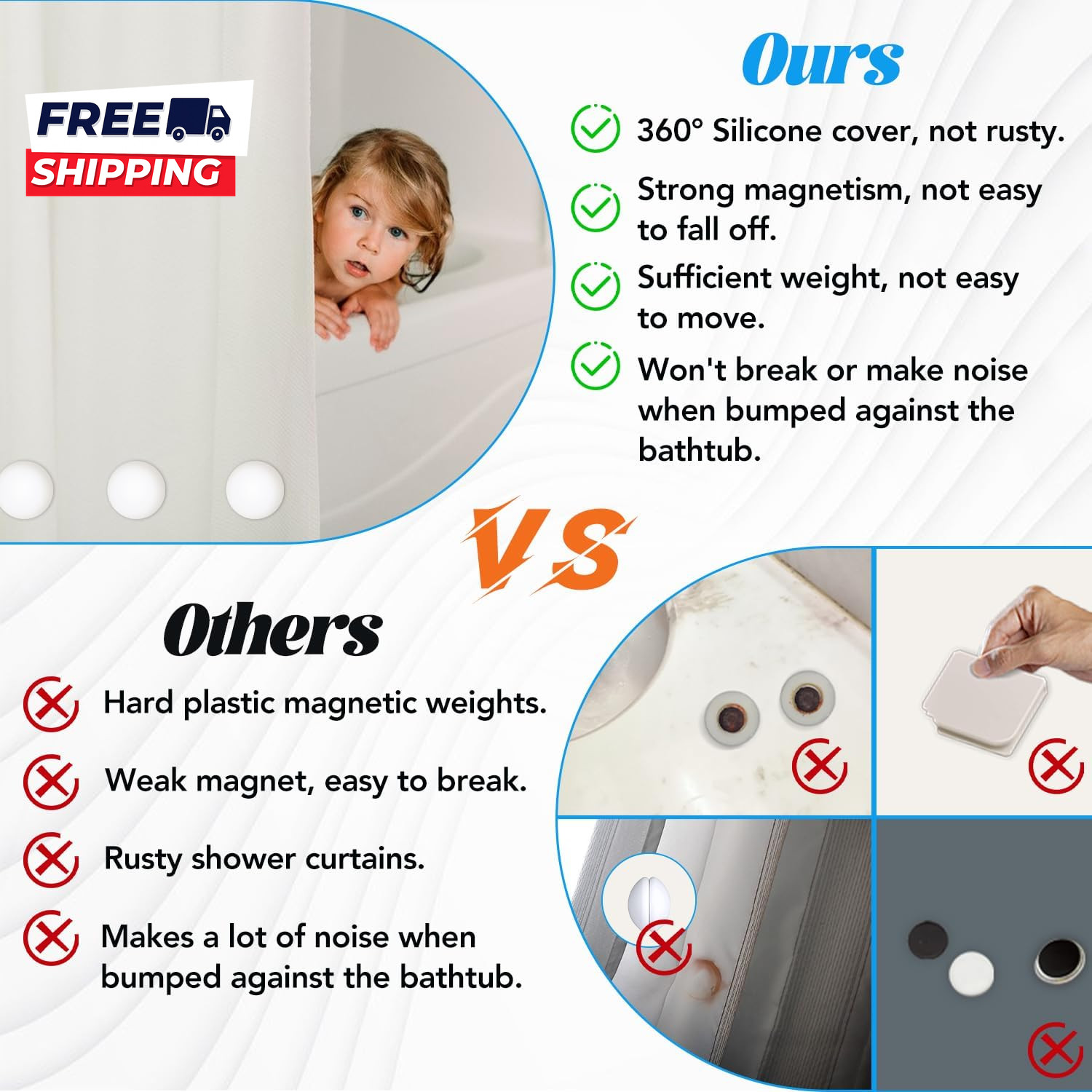 8 Pcs Shower Curtain Weights, Silicone Wrapped Heavy Duty Shower Curtain Magnets