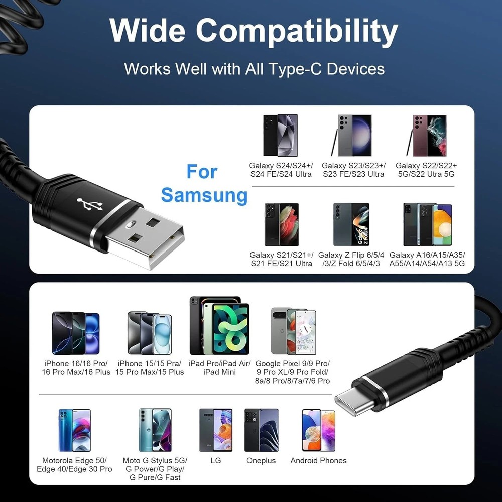 USB to USB C Coiled Cable Fast Charging 6FT, Retractable USB C Car Charger Cable