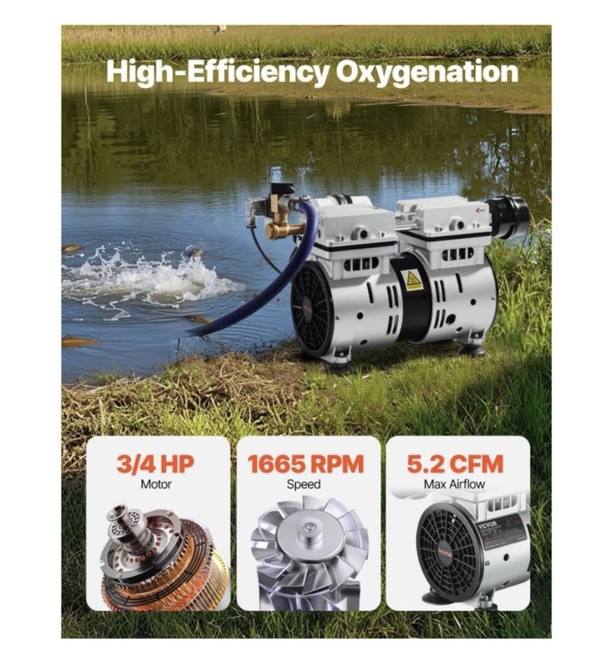 VEVOR 550W Pond Aerator, 5.2CFM, Up to 3 Acre, 50' Lake OLF400D-140BS-B