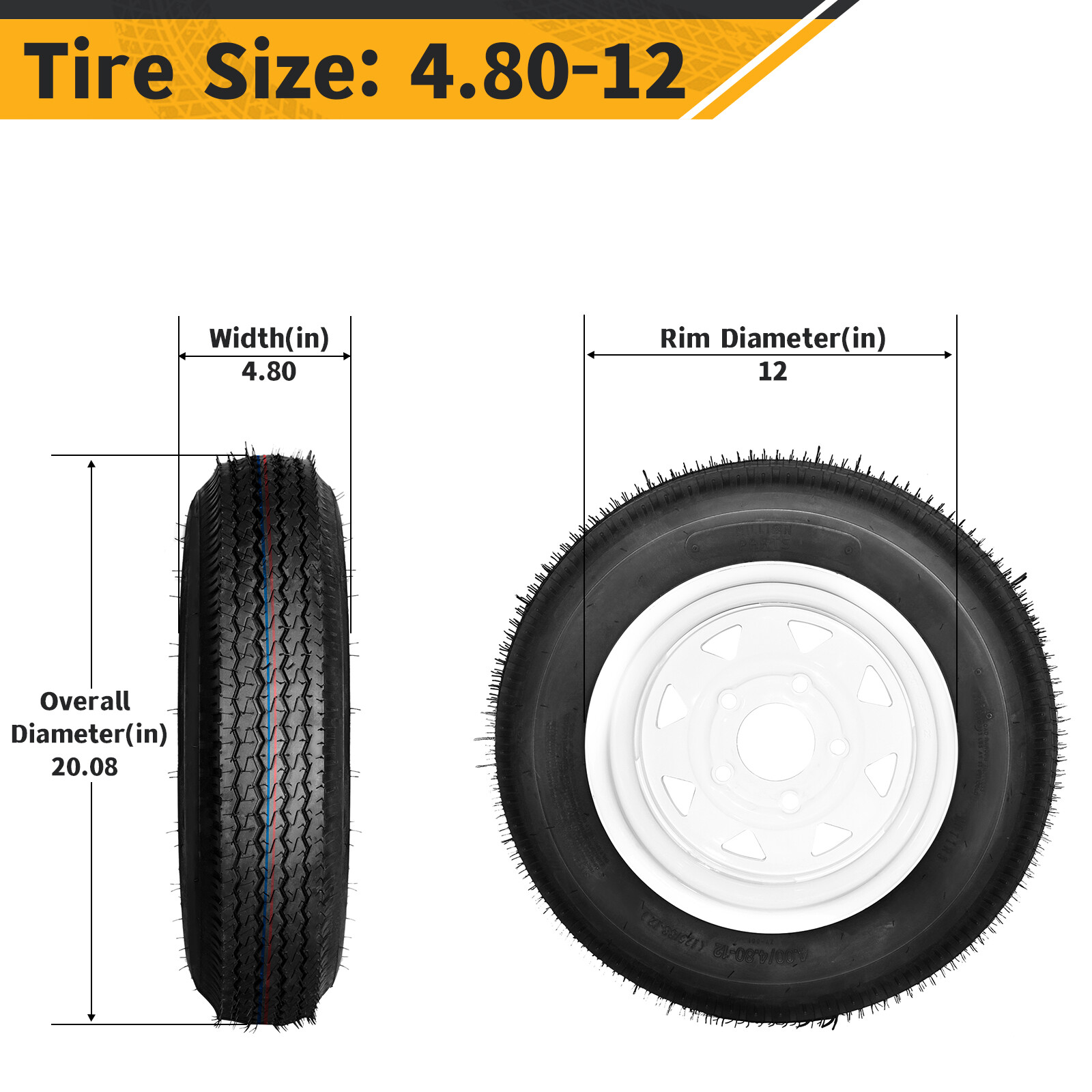 2pcs Trailer Tires & Rims 4.80-12 480-12 4.80x12 LRB 5 Lug White Spoke Wheel
