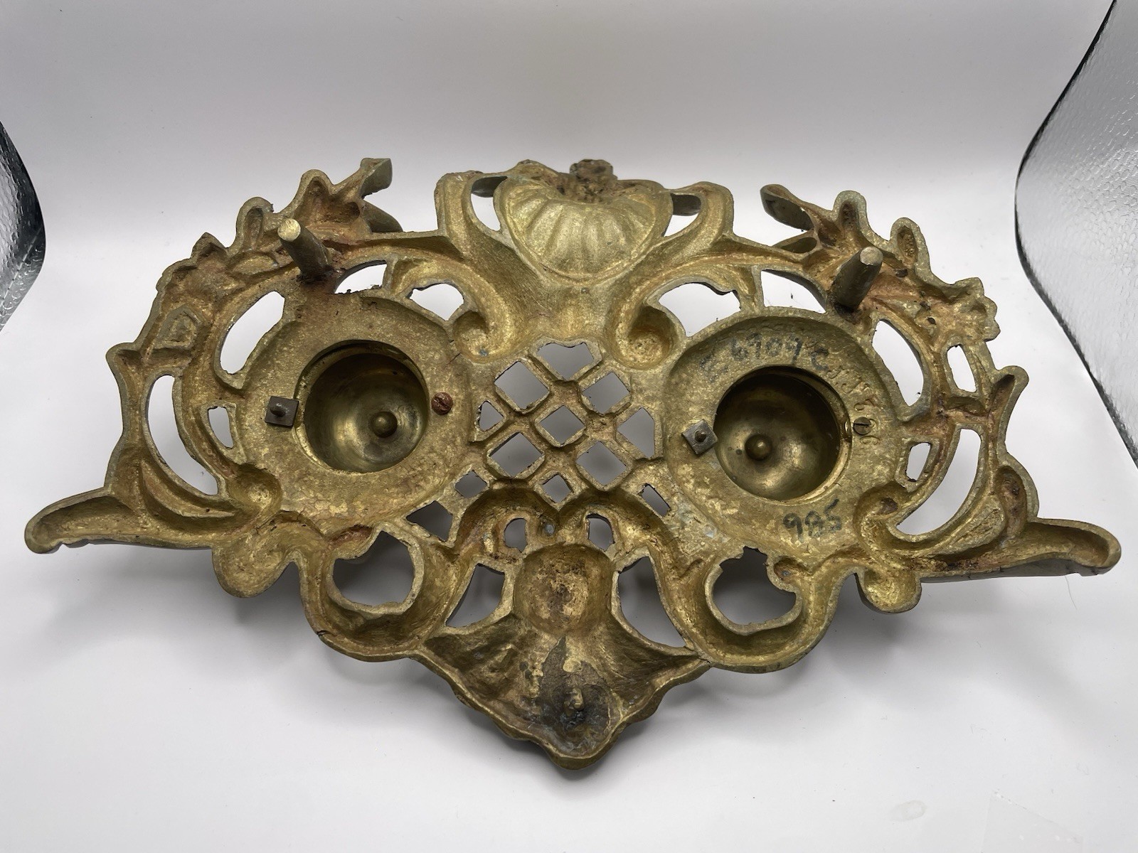 Antique Brass Double Inkwell With Lids