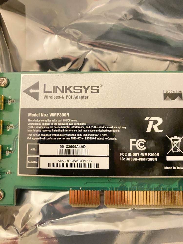 Linksys WMP300N Wireless‑N PCI Adapter With Box & Antenna Base (System Pull)