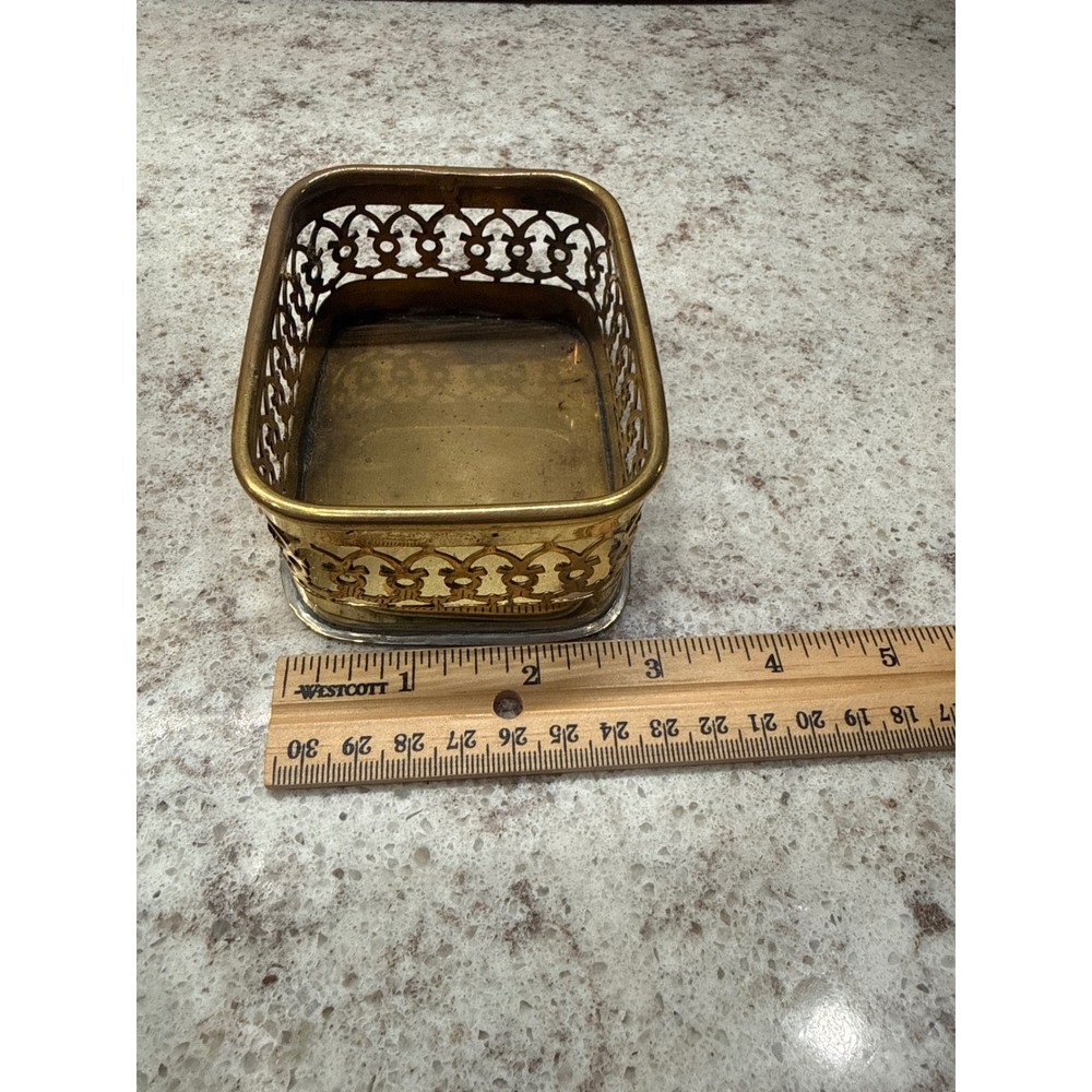 Vintage Brass Filigree Trinket Basket Rectangular Openwork Decorative Dish India