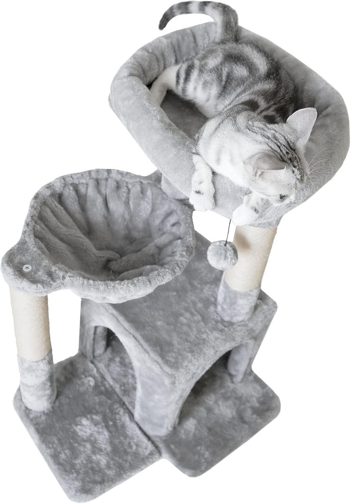 Cat Tree, Small Cat Tower with Sisal Scratching Post and Hammock Light Gray