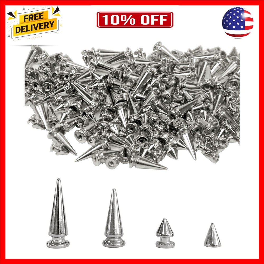 200 Sets Silver Cone Spikes Multiple Sizes Screw Back Studs Punk Rock Bullet ...