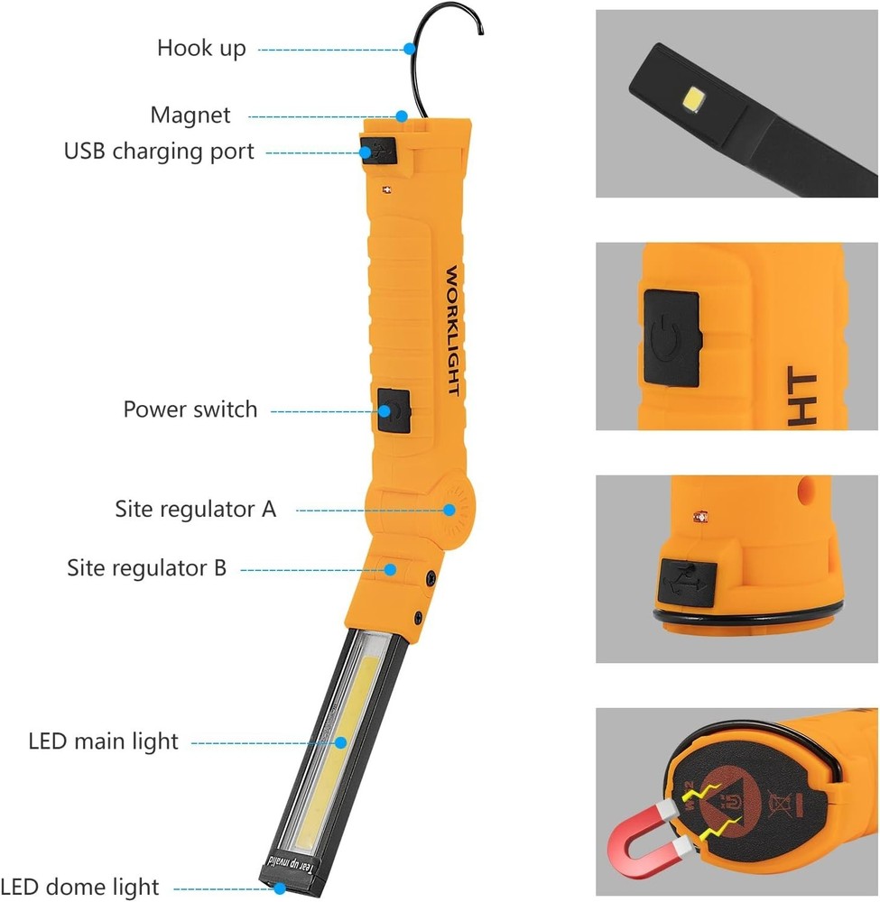 Durable Rechargeable Work Lights with Magnetic Base - 5 Modes for All Needs