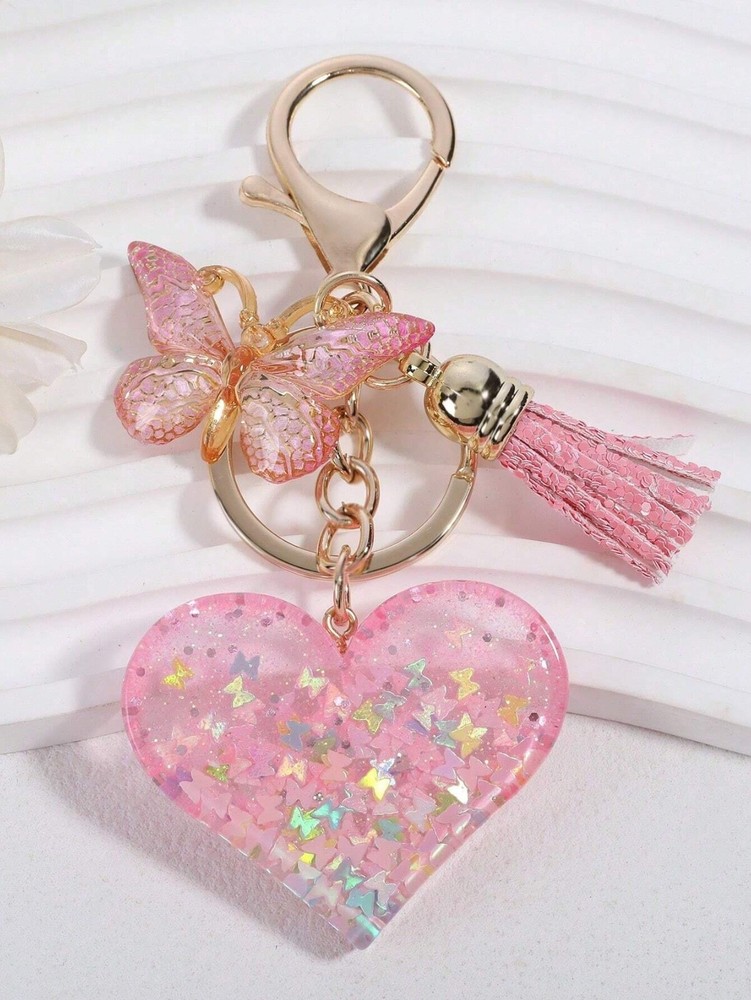 Acrylic Sequin Glitter Heart Key Ring Purse Backpack Charm Keychain