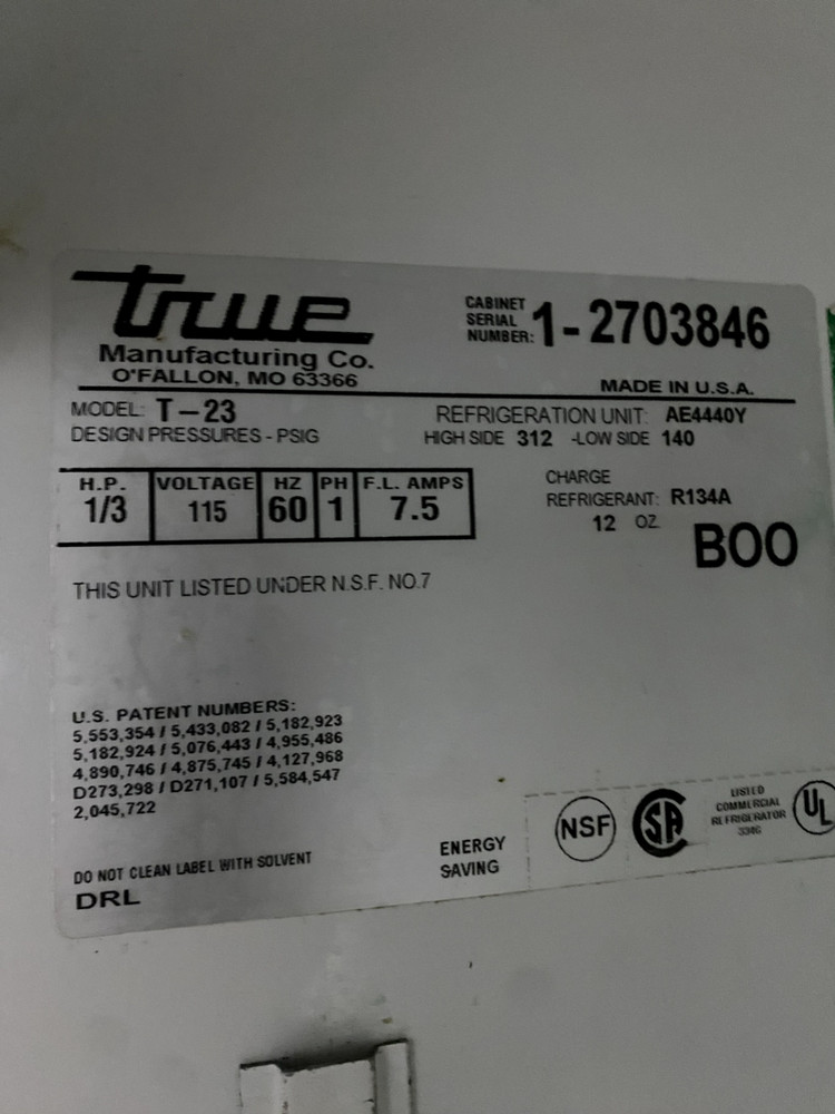 TRUE T-23 HC ONE SECTION REACH-IN FRIDGE, RIGHT HINGE SOLID DOOR