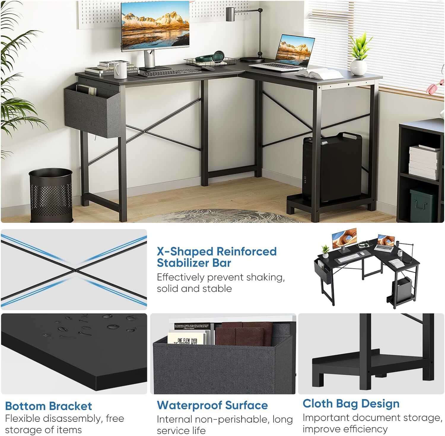 L Shaped Computer Desk Gaming Corner 50 Inch Home Office Writing PC Wooden Table