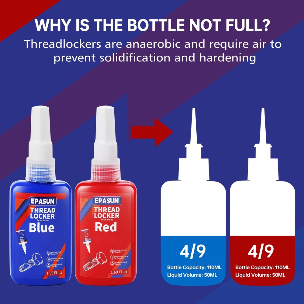 EPASUN Threadlocker Blue and Red, 50mlx2 Thread Lock Medium Red
