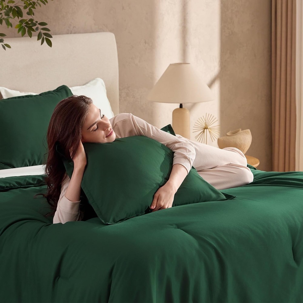 Andency Dark Emerald Green Full Size Comforter Set, 3 Pieces Boho Solid Forest