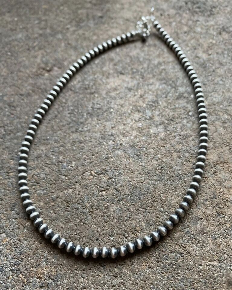 4mm 16 Inch 925 Sterling Silver Oxidized Pearls Bead Necklace Southwestern