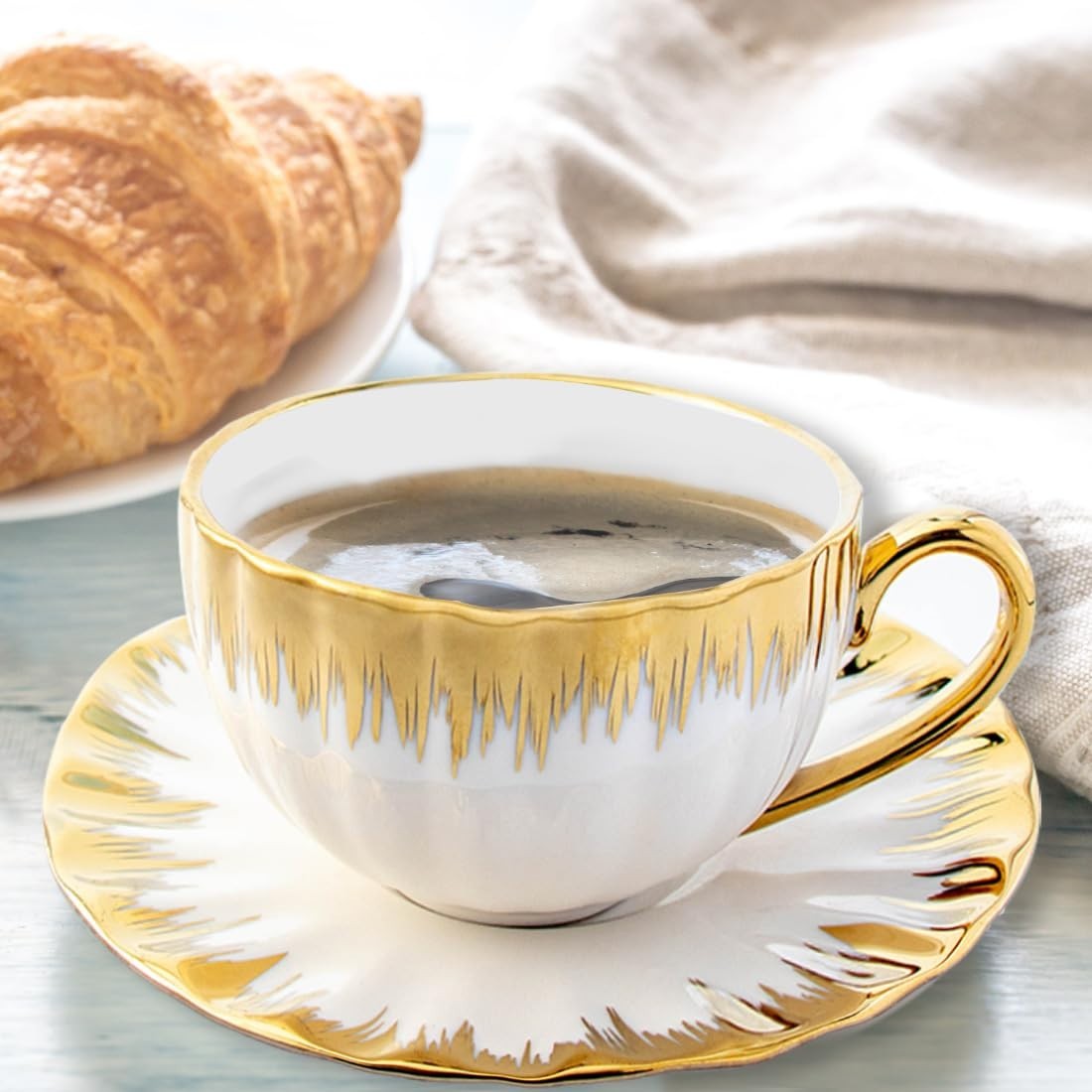 6pcs Luxury Ornate Gold Rim Ceramic Coffee Cup & Saucer Set with Spoons Gift Set