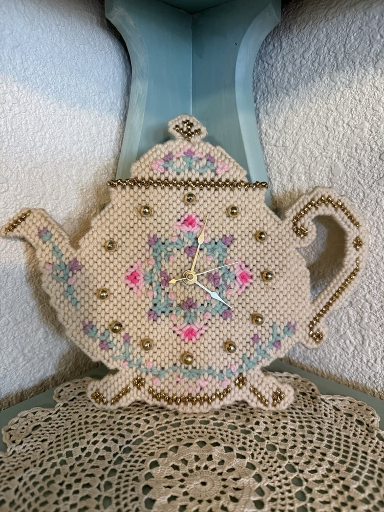 Handmade Needlepoint Teapot Clock Wall Hanging