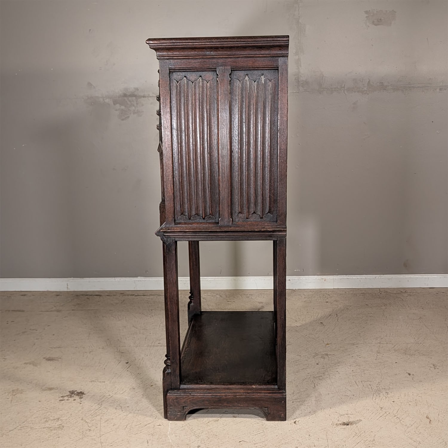 Antique French Gothic Carved Oak Cabinet Stand with Figural Panels Heraldic Door