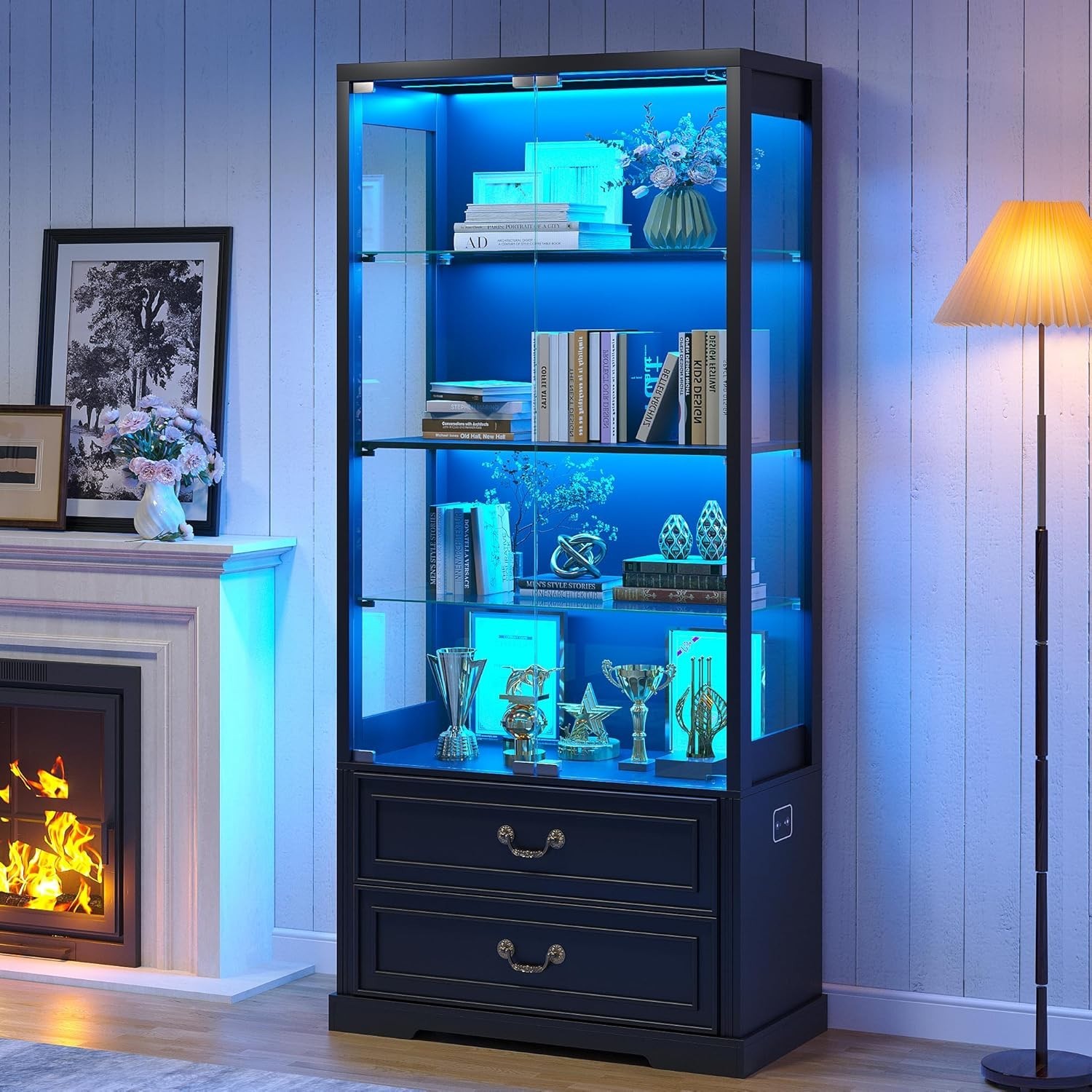Display Cabinet with Adjustable Glass Shelves & LED RGB Lights for Collectibles