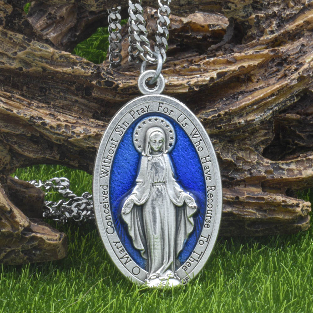 Large 1 3/4" Blue Miraculous Medal Mary Pendant Necklace Italy w 24" Curb Chain