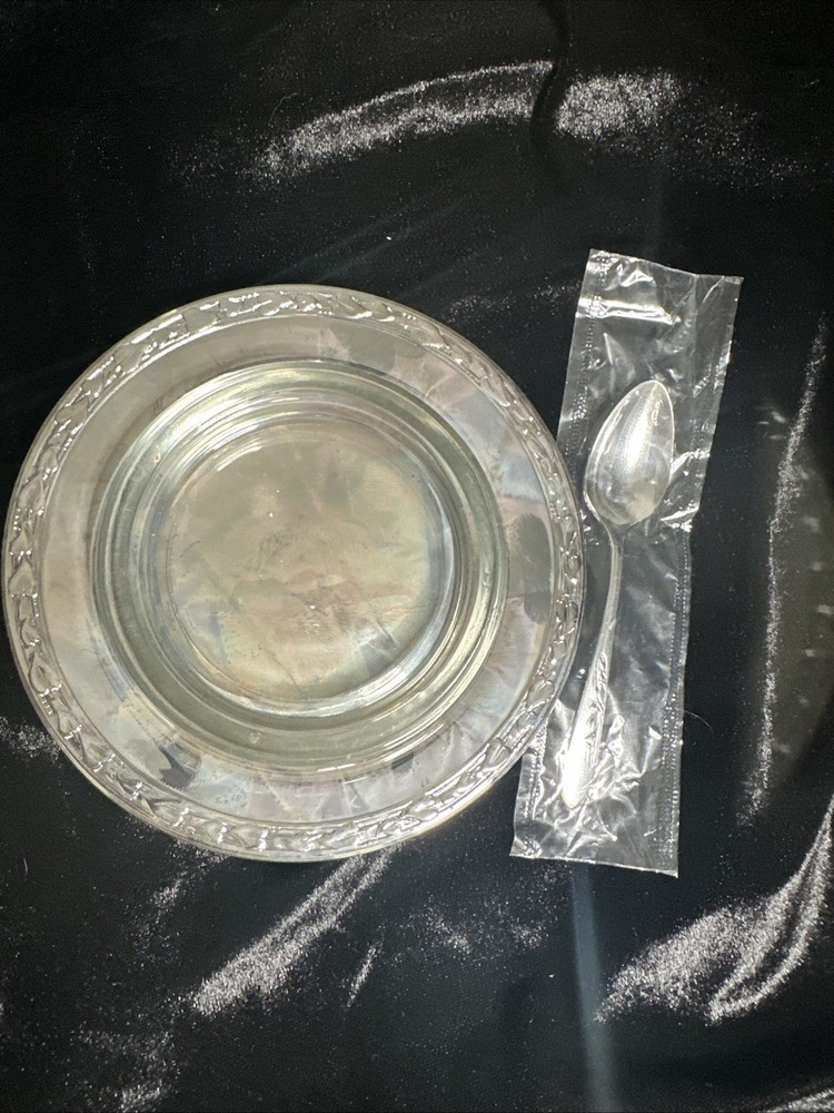 Vintage Carlton Oneida Condiment Set 3 Pc Silver Plate Tray Spoon Glass Dish New