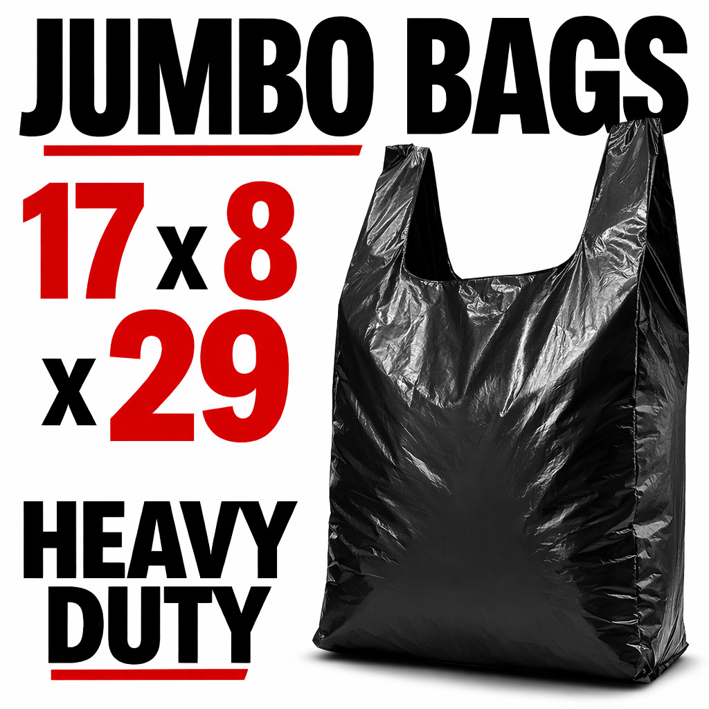 Black Jumbo T-Shirt Bags 17x8x29 0.71 Mil Heavy Duty Grocery Carryout Bags Bulk