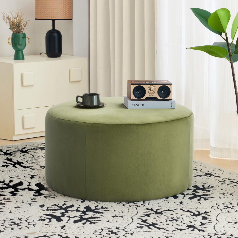 Upholstered Round Ottoman,PU Leather,Brown