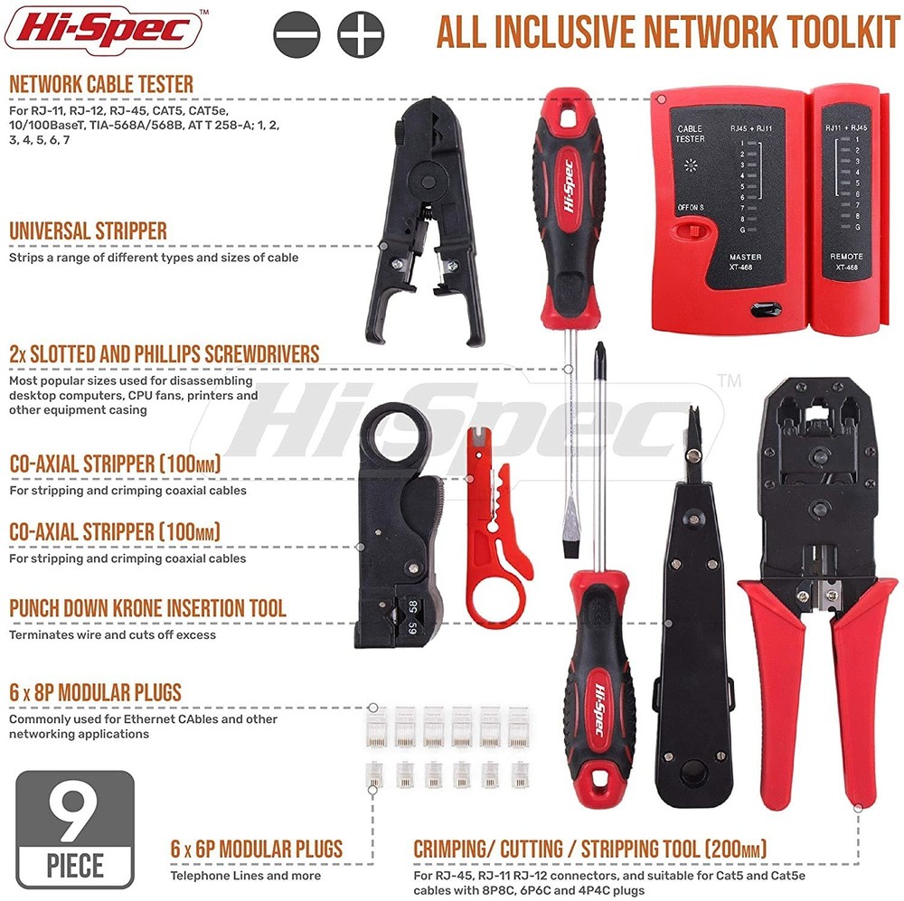 Lightweight Network Cable Tester Set: 9-Piece Crimping & Stripping Solutions