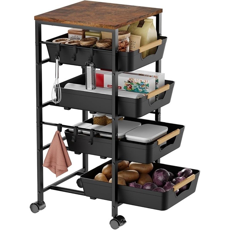 Multi-Functional Rolling Utility Cart W/ Pull-Out Drawers & Ventilated Baskets