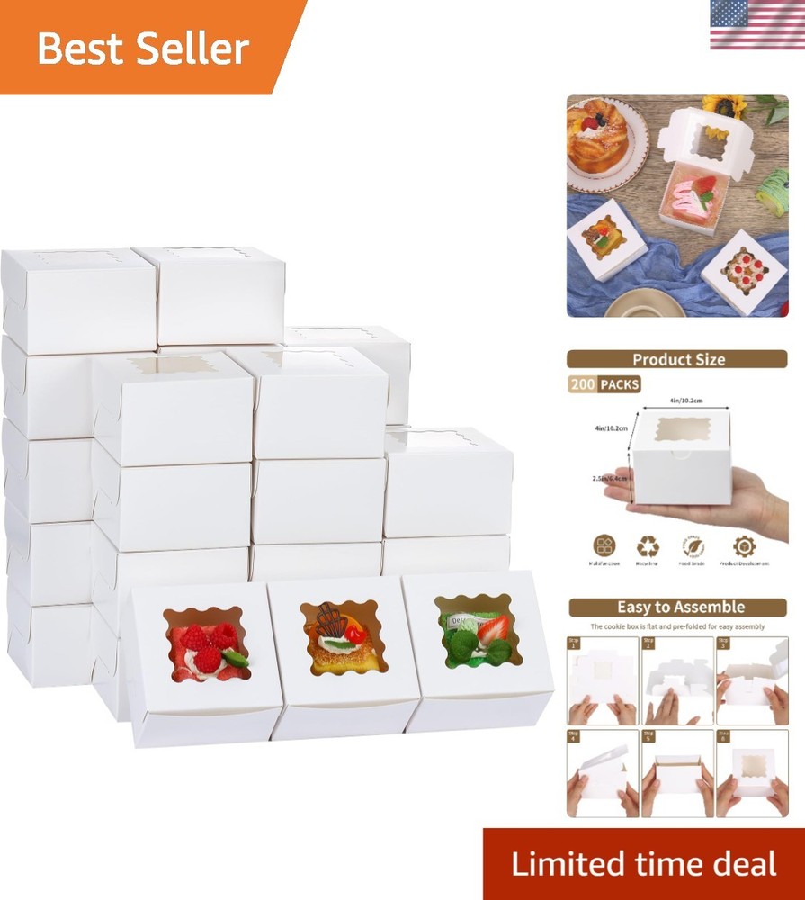 Versatile 200-Pack White Bakery Boxes - Snap Closure with Clear Window Design