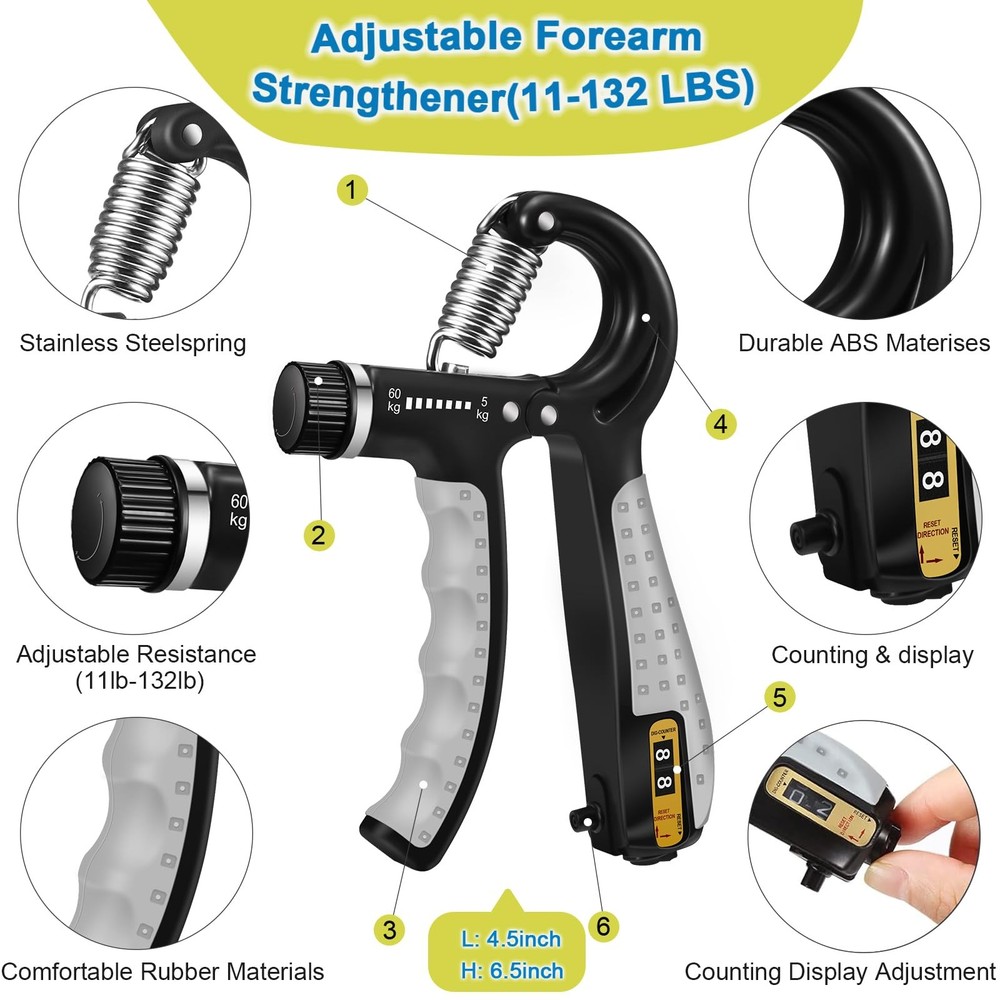 Grip Strength Trainer Kit 6 Pack with Finger Exerciser, Hand black grey