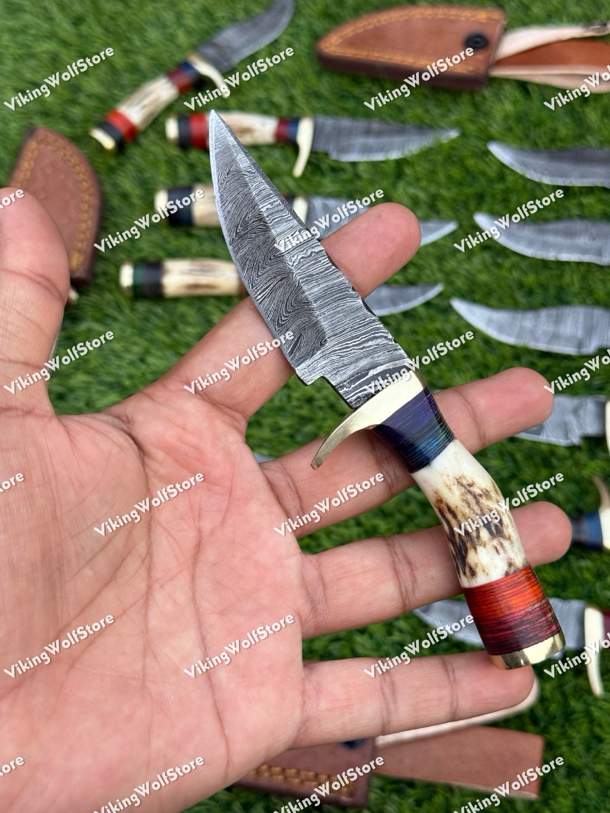6 Inch, LOT OF 20 Handmade Damascus Steel Skinner Knives in Stag Horn W/Sheath