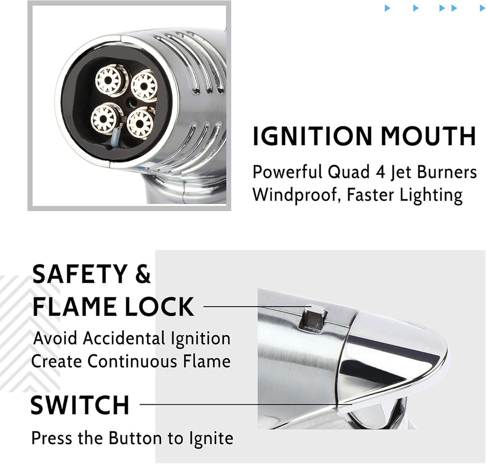 Torch Lighter, Quad 4 Jet Flame Windproof Butane Refillable Lighter with Safety