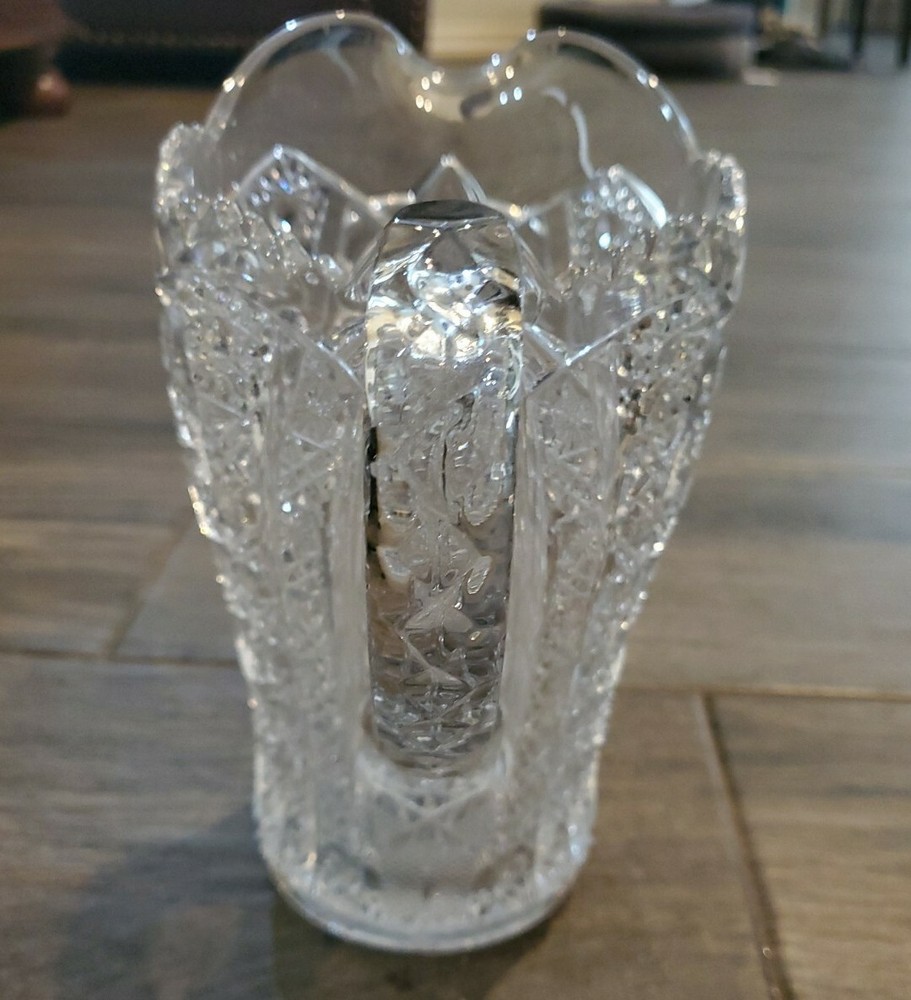 Gorgeous Clear Elegant Etched Crystal Pitcher with Handle and Ruffled Edge