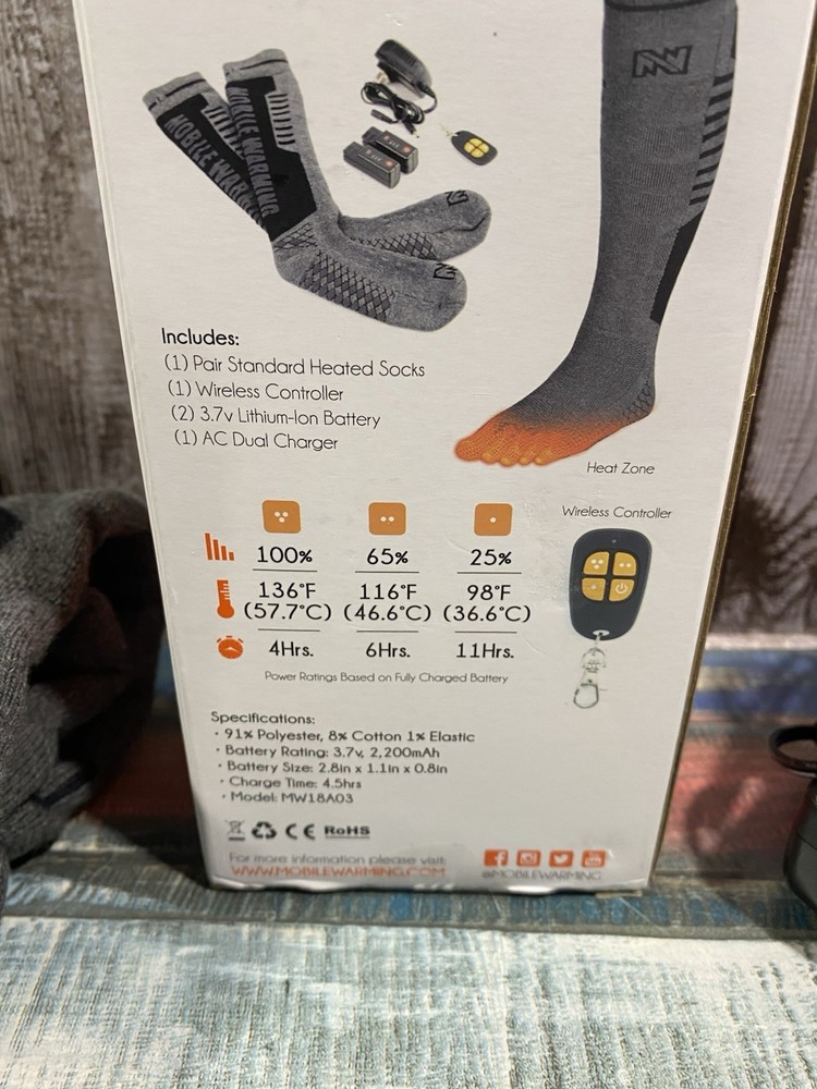 Mobile Warming Performance Heated Socks Wireless Controller Size 8-12