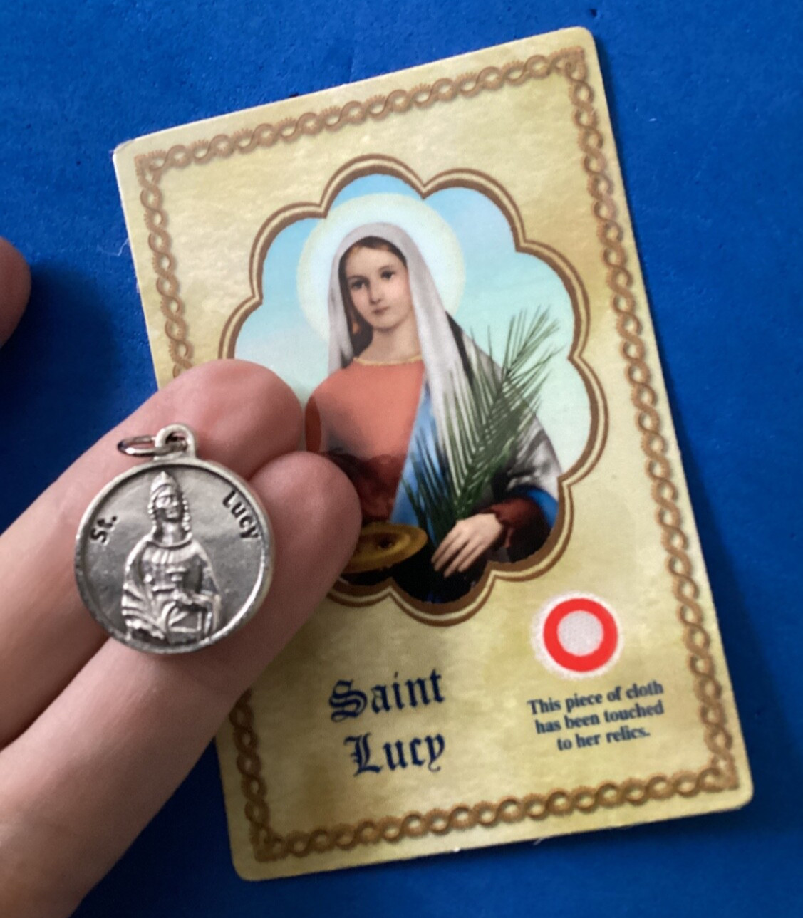 St. Lucy Medal + Relic Card Patron St. of Eye disorders