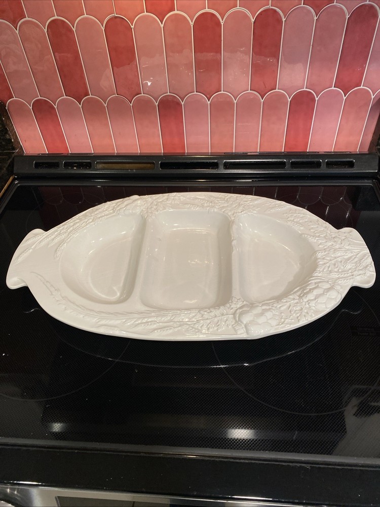 Large William Sonoma White Oval Divided Tray Raised Vegetable Pattern