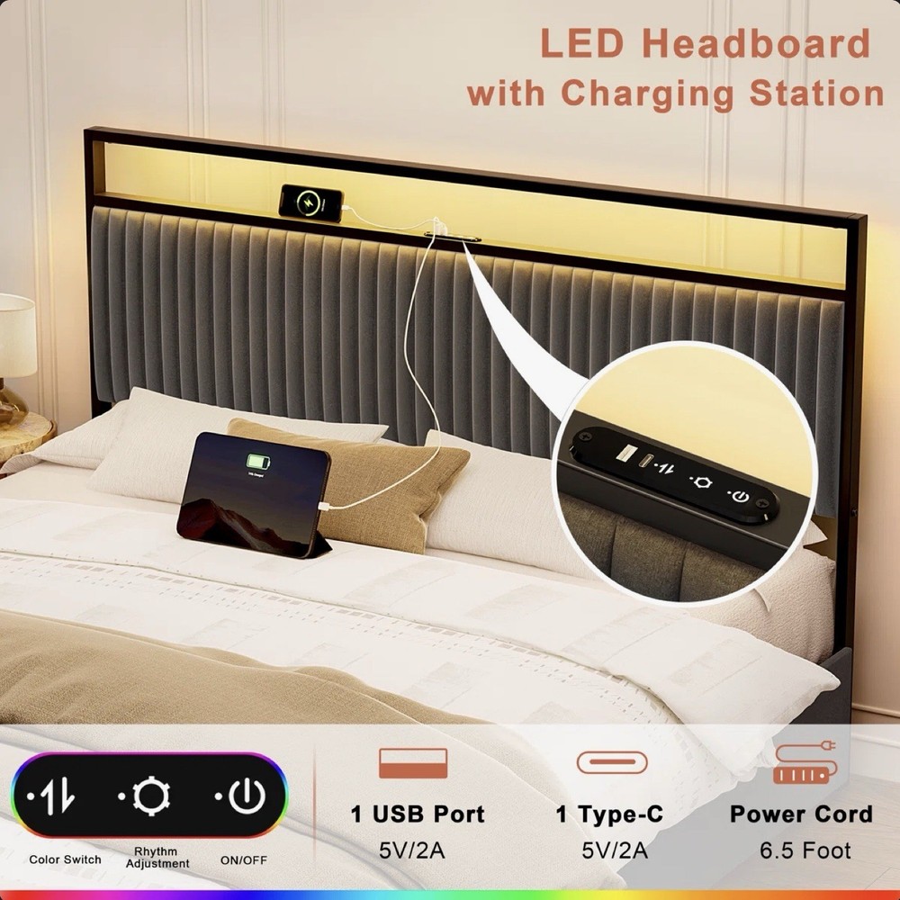 Antioch Queen Bed Frame with Storage, LED & Charging Station