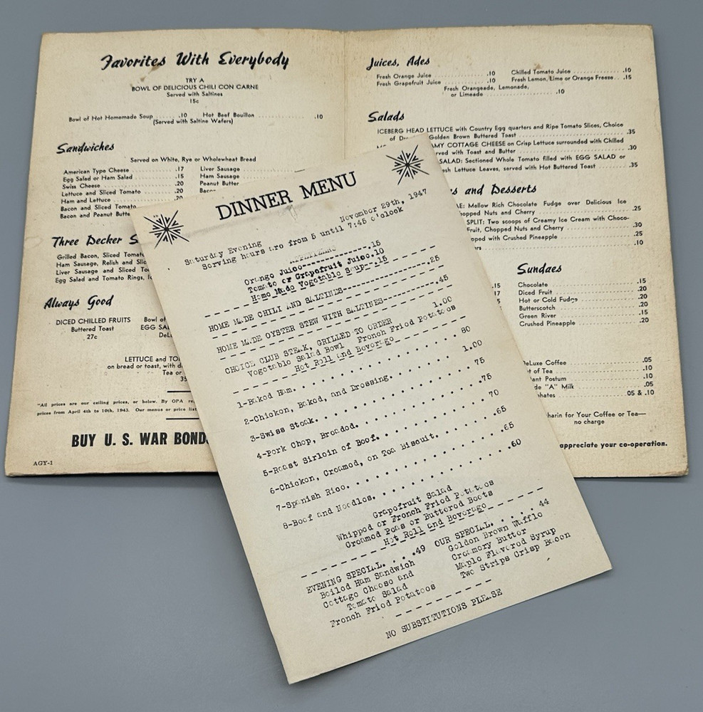 Vintage 1947 Restaurant Menu Unknown Location Dinner Menu Wartime Rationing!