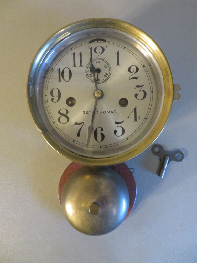 ANTIQUE SETH THOMAS BRASS SHIPS CLOCK WITH EXTERNAL BELL TESTED NICE!