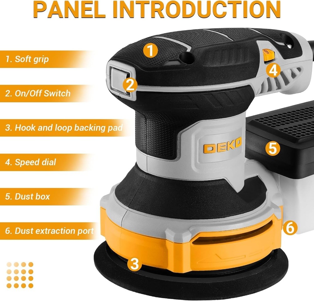 Versatile 5-Inch Random Orbital Sander - Ergonomic & Efficient Dust Collection