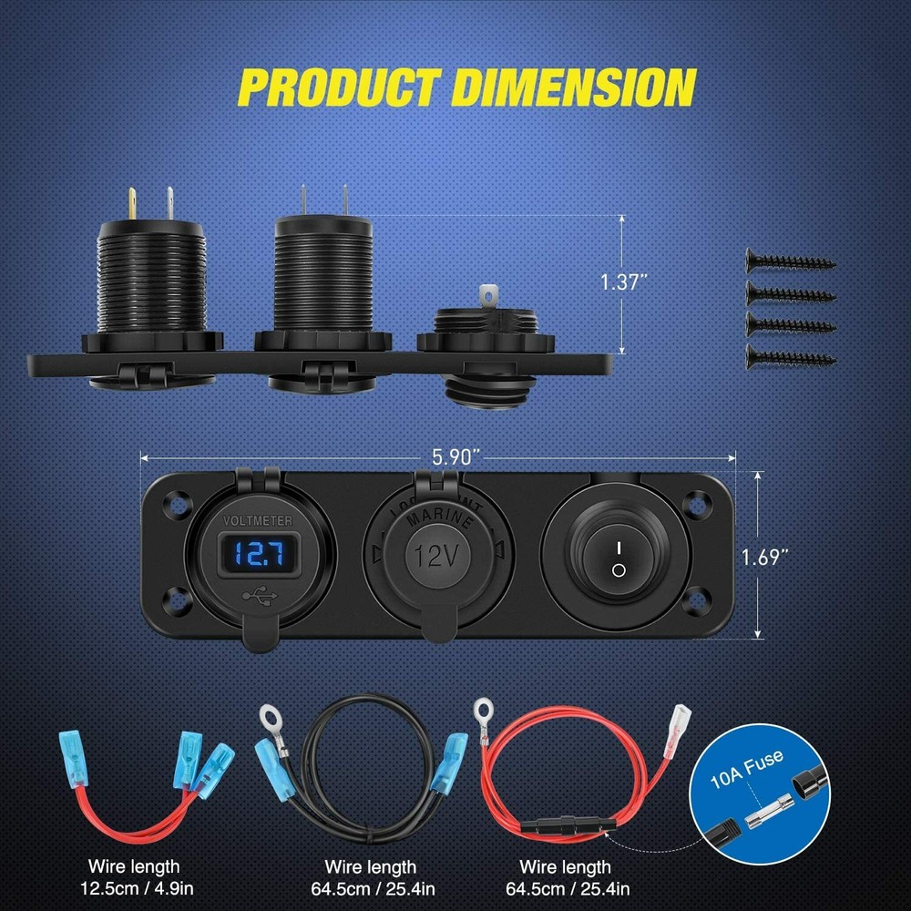 Nilight 4 in 1 Cigarette Lighter Charger Socket Panel QC3.0 Dual USB Waterproof